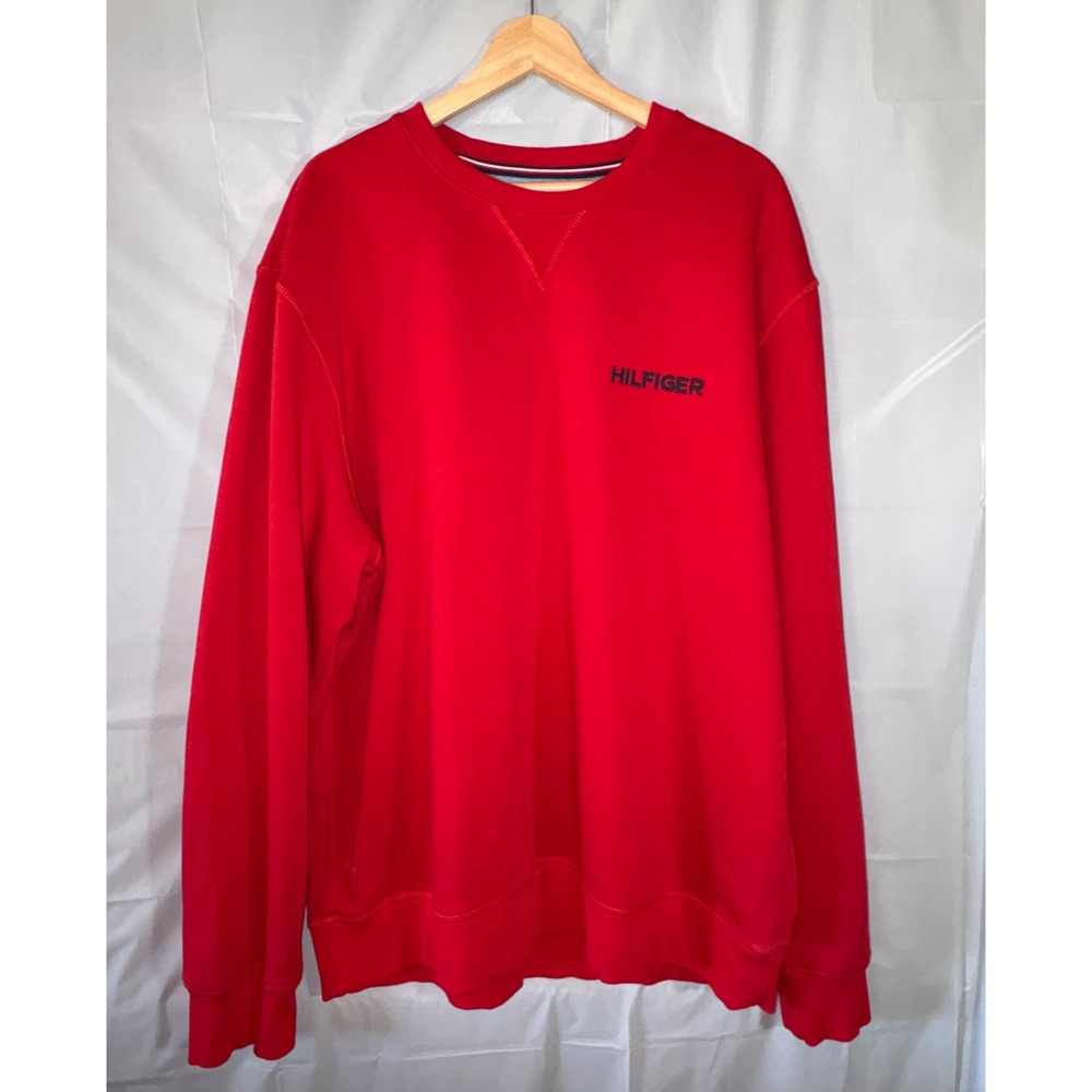 Tommy Hilfiger Mens XXL Red Fleece Crewneck Sweatshirt Embroidered Logo Pullover